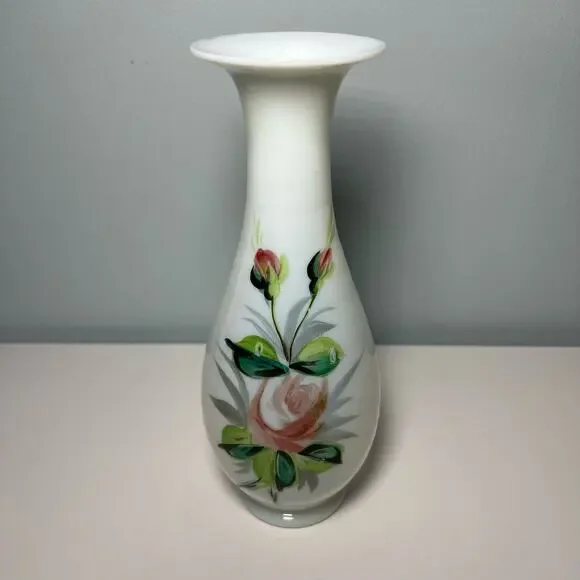 Vintage 40s White Opaline Glass Hand Painted Vase Blown Art Glass Floral - Picture 12 of 12